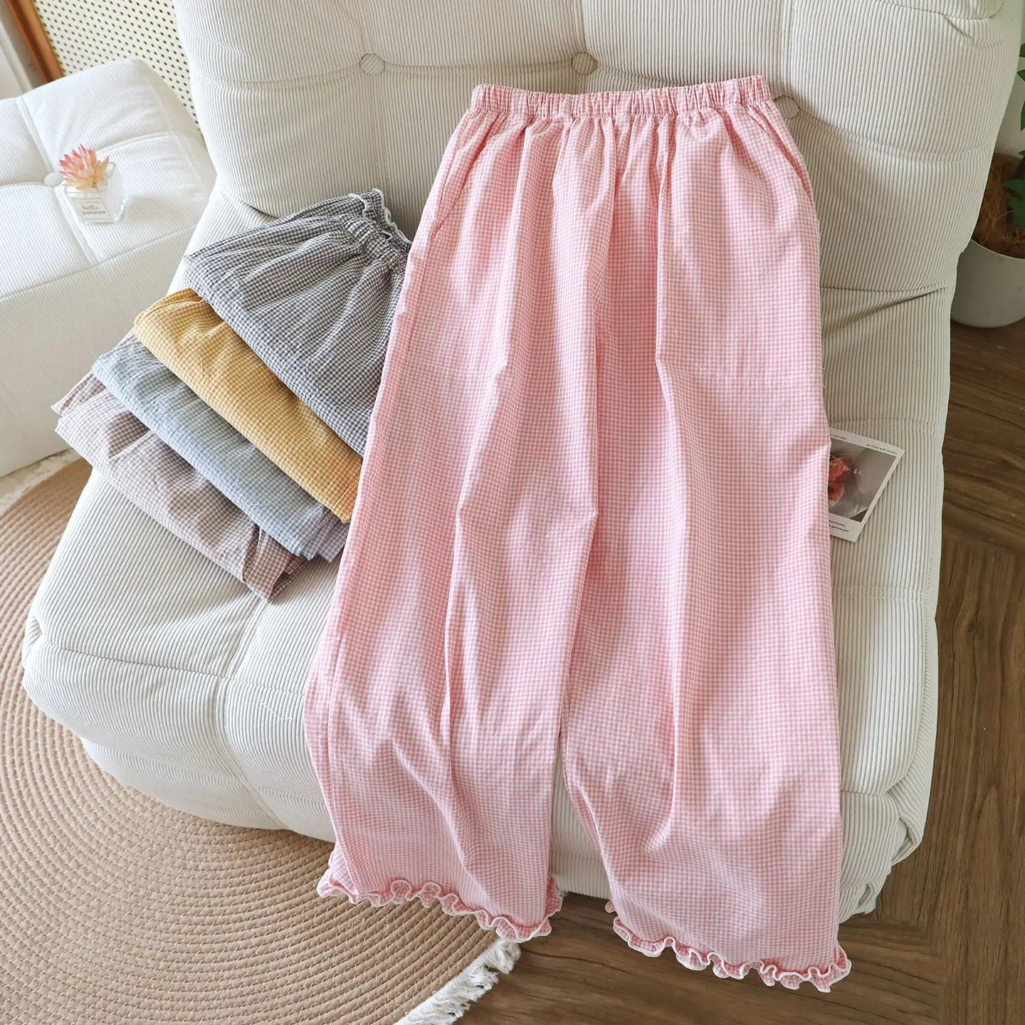 Loose Size Plaid Pajama Pants Elastic Waist Casual Homewear Women Nine-point Trousers