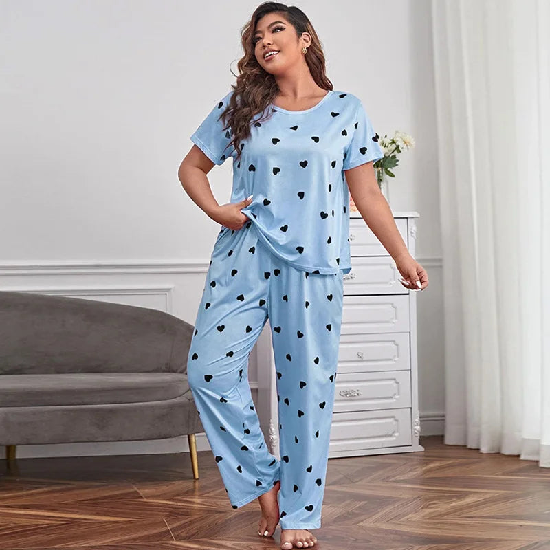 Soft Love Heart Print Short Sleeve T-shirt Top & Pants Sleepwear