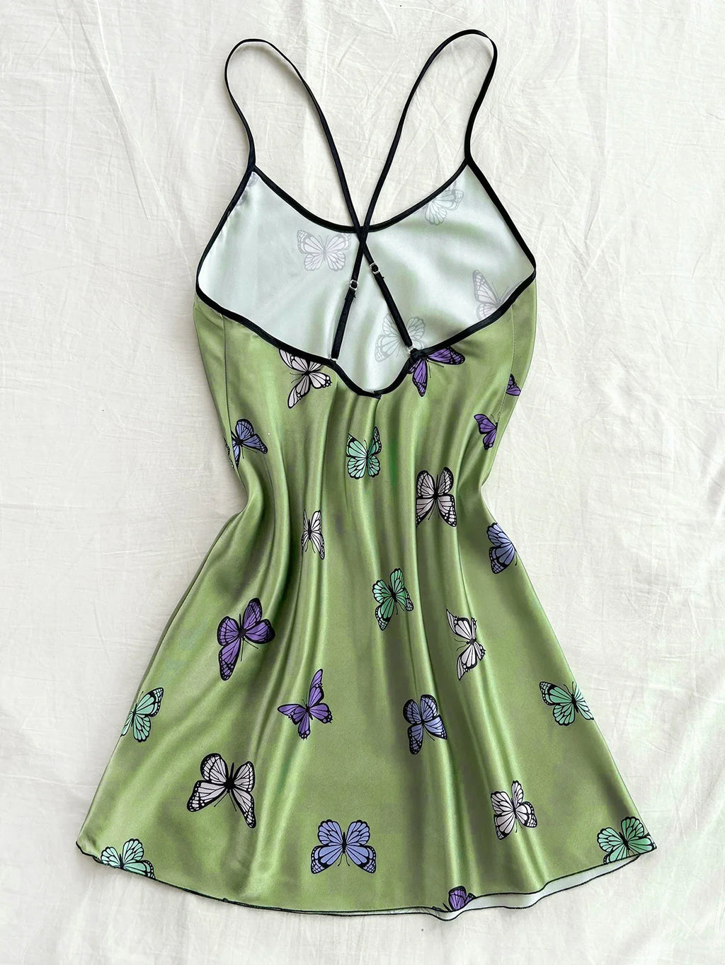 Silk Stain Butterfly Printed Slip Sexy Backless Nightdress