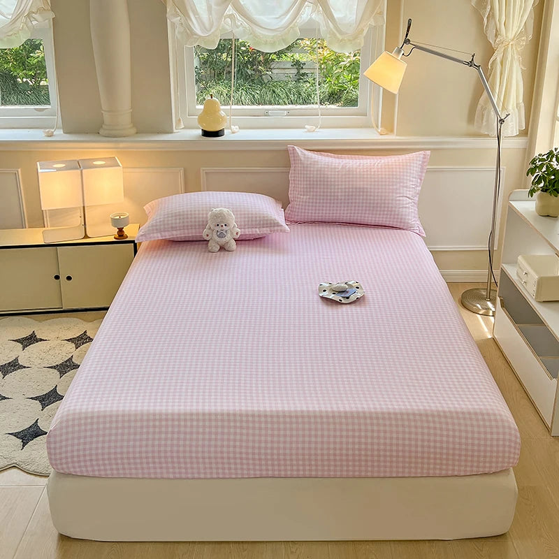 Plaid Style Fitted Sheet Skin-friendly Bed Cover Elastic Bedsheet Linen (No Pillowcase)