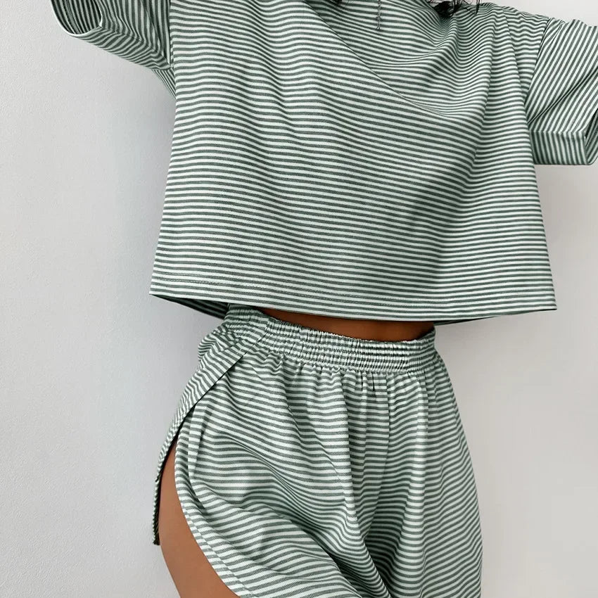 Women's Home Casual Loose Round Neck Pajamas Stripe Set Short Sleeve T-Shirt And Shorts