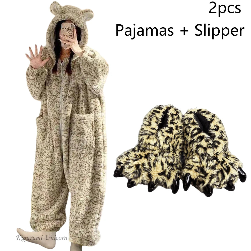 Leopard Hooded Onesie Flannel Pochets Overall Slippers Set