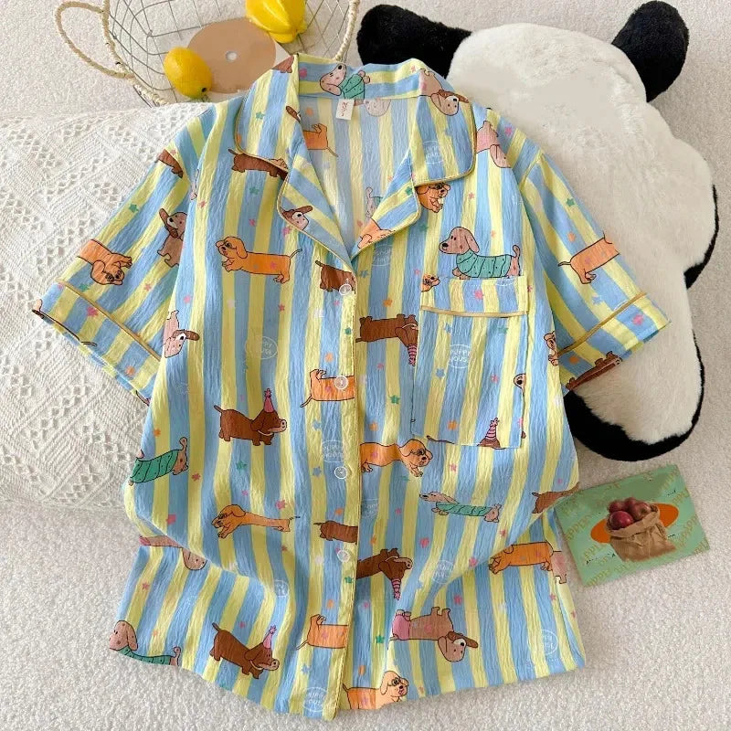 Star Striped Dog Print Kawaii Pajamas
