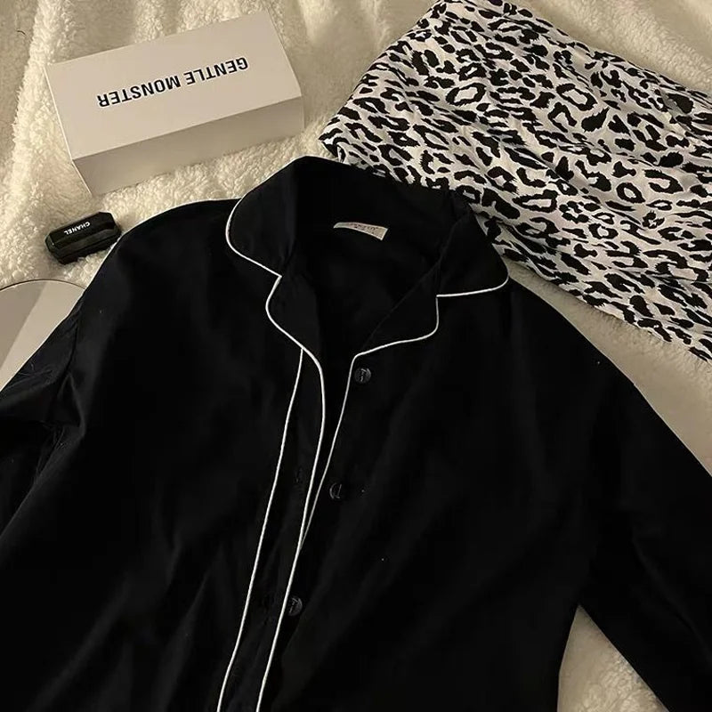 Ladies Black Leopard Cardigan Set
