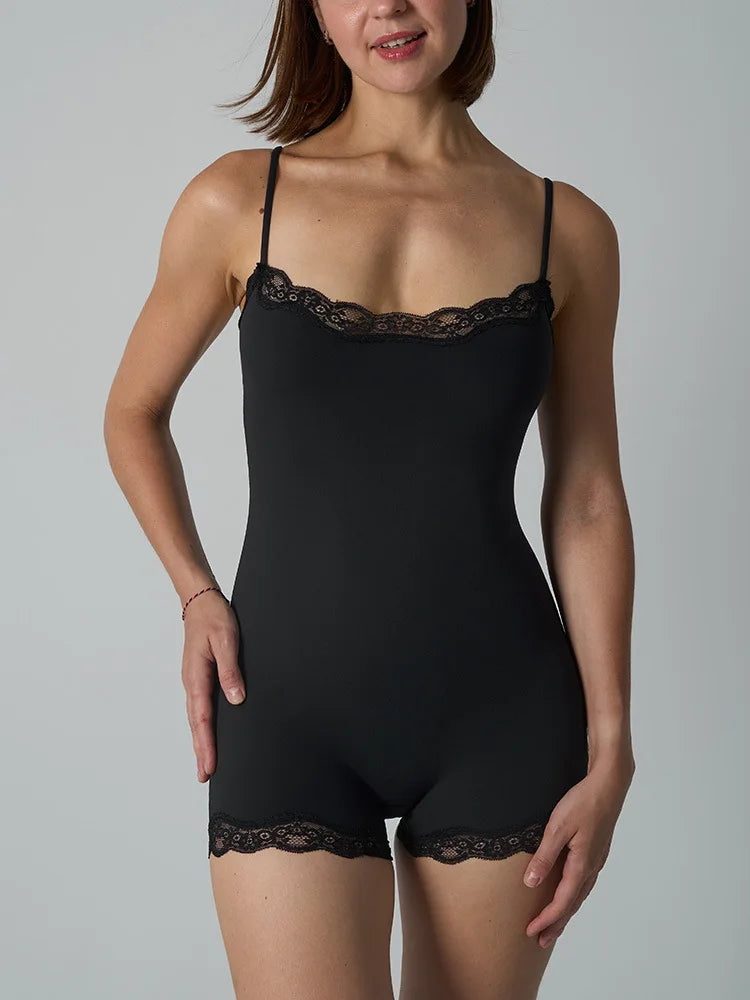 Sexy Lace Patchwork Camisole Square Neck Spaghetti Strap Onesie