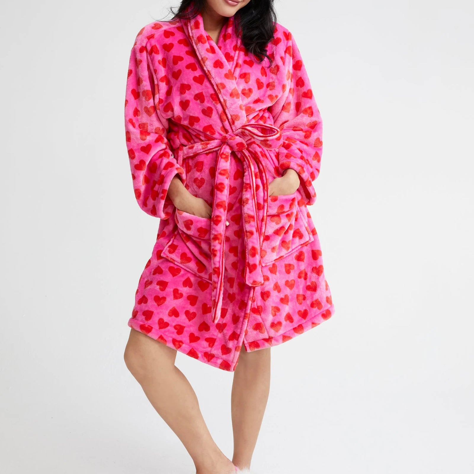 Plush Bright Colored Graphic Long Sleeve Fuzzy Bathrobe Shawl Collar Warm Lounge Robe with Belt