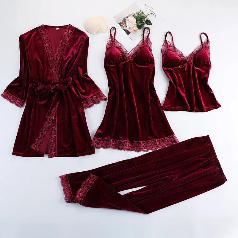 Lace Velvet 4 Pieces Women Warm Pajamas Sets With Pants Sexy Robe Sleepwear Sleeveless Nightwear