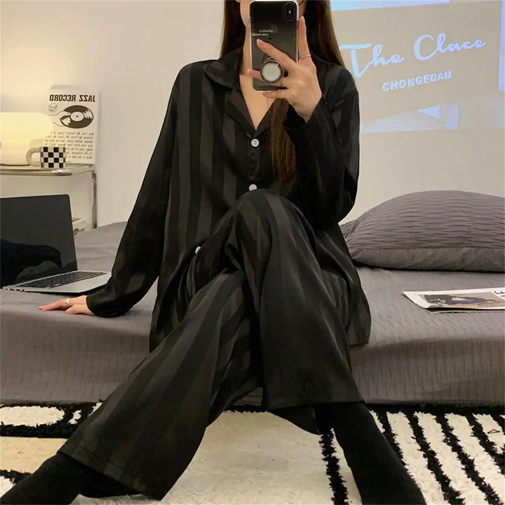 Women's Striped Pajama Set Long Sleeve Top Trousers Silk Satin Loose Casual Sleepwear