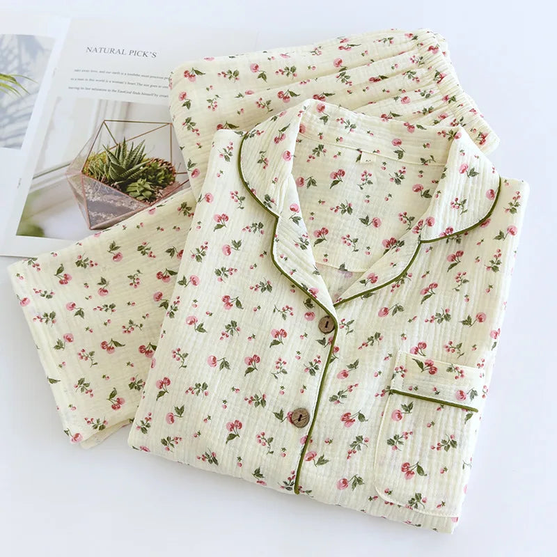 Ladies 100% Cotton Crepe Long sleeved Pants Two-piece Cute and Sweet Set