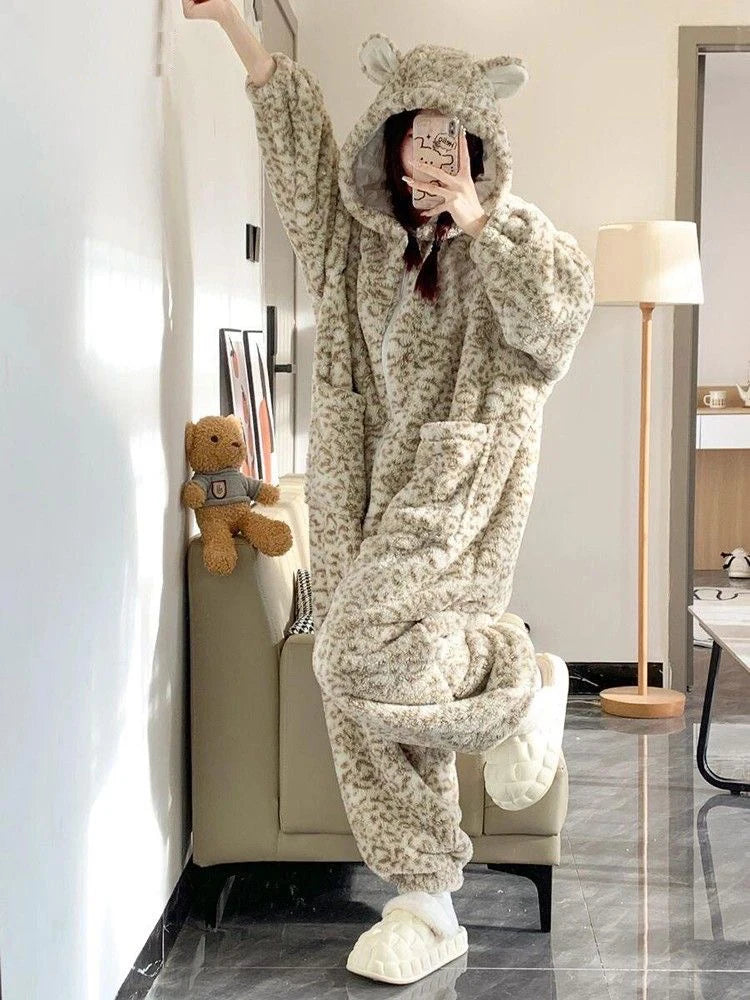 Leopard Hooded Onesie Flannel Pochets Overall Slippers Set