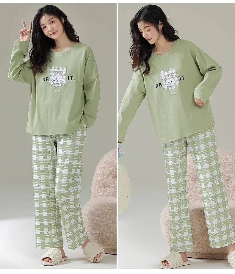 Cotton High Quality Large Size Ladies Pullover Long-Sleeved Cartoon Home wear 2PCS/Set