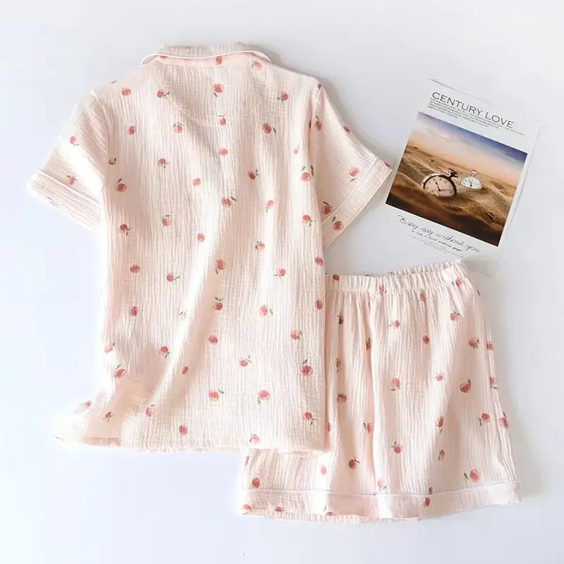 Ladies Short-sleeved Shorts 100% Cotton Crepe Cloth Thin Home Service Two-piece Set