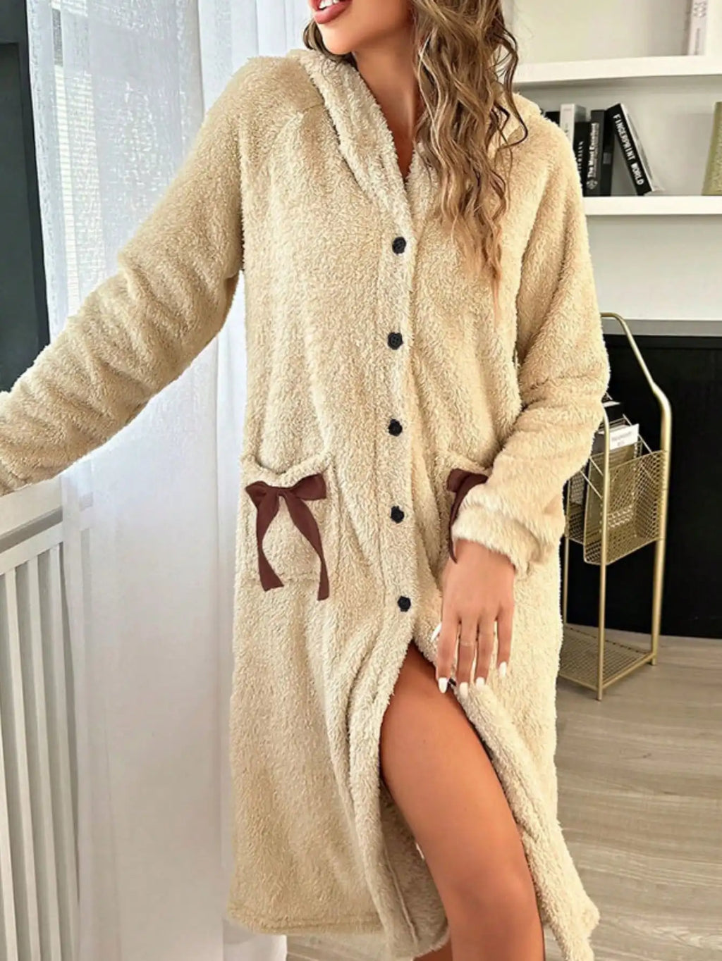 Warm Coral Fleece Bow Design Robe