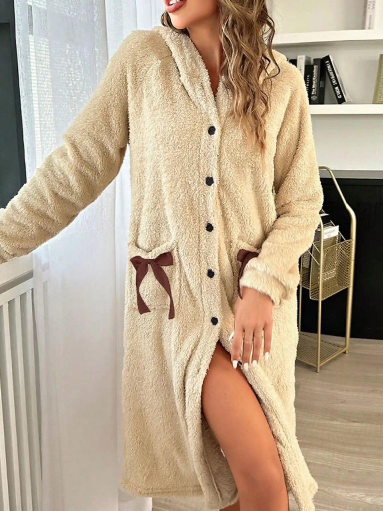 Warm Coral Fleece Bow Design Robe