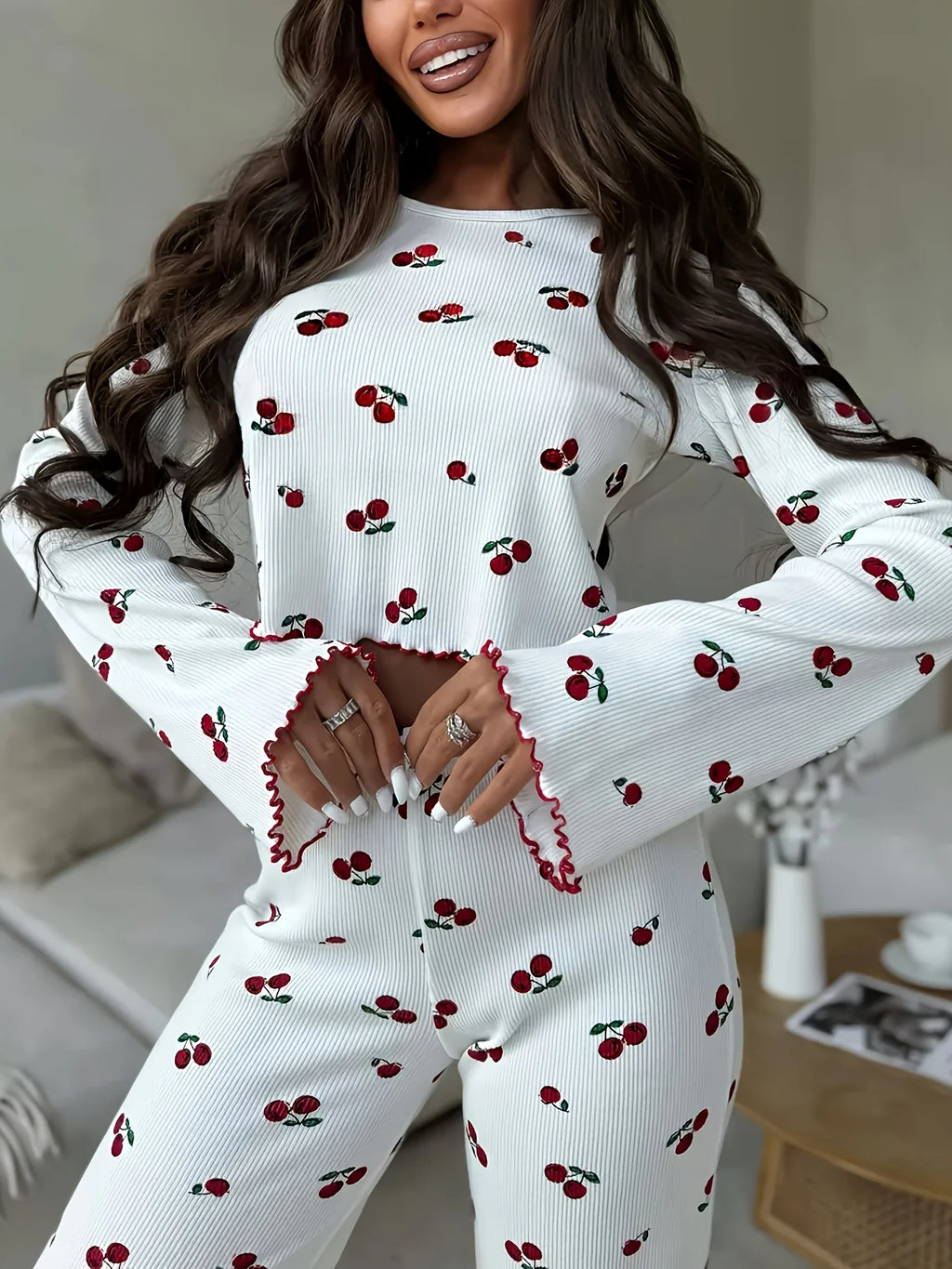 Y2K-Style Two-piece Cherry/Heart Print Cuffed-Long-Sleeve Tops and Long Trousers