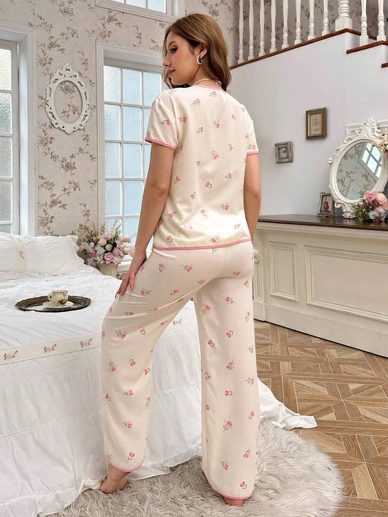 Women's Floral Print Pajama Set with Pink Trim Soft Cotton Blend & Loose Fit