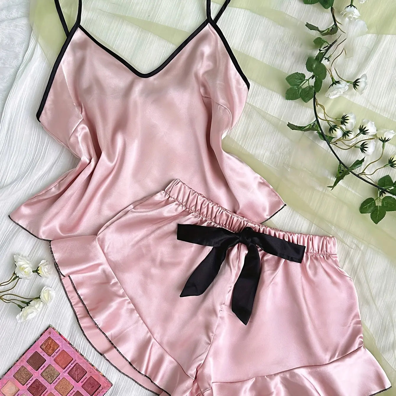 Smooth Satin Pajamas V-Neck T-Shirt Ruffled Edges And Bow Shorts Pajama Set