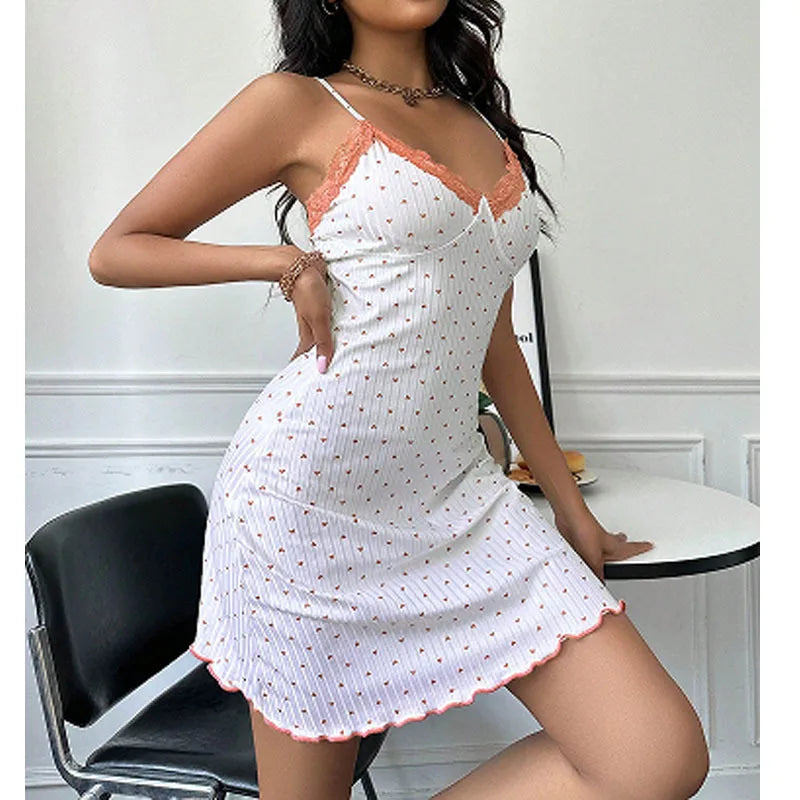 Sexy Slim Fit V-Neck Nightgown Heart Print Lace Trim Sleeveless Summer Nightdress
