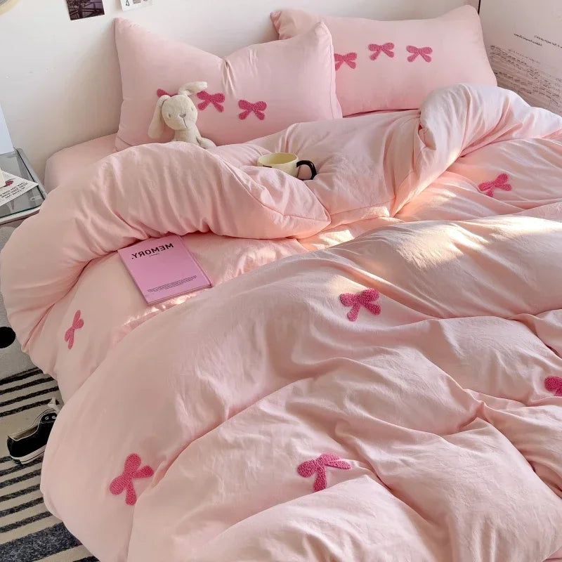 3D Embroidered Bow Quilt Set Cotton Pink Comfortable Soft Bedding