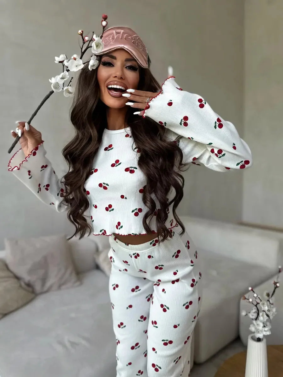 Y2K-Style Two-piece Cherry/Heart Print Cuffed-Long-Sleeve Tops and Long Trousers