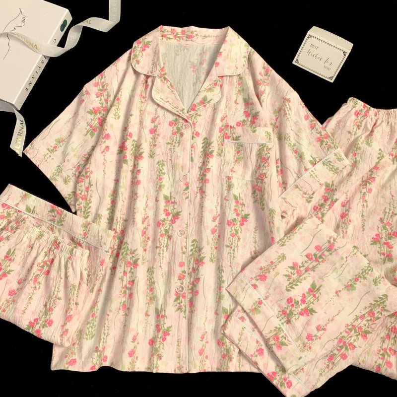 Spring and Summer Sweet and Cute Three-Piece Cloud Cotton Pajamas