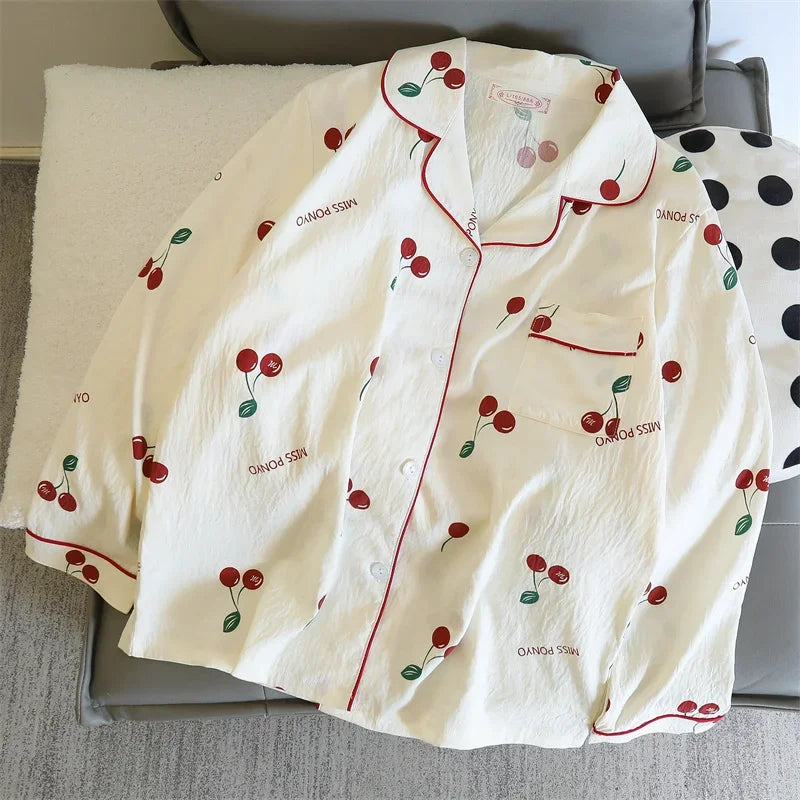 Cherries Print Two Pieces Cotton Pants and Top Set