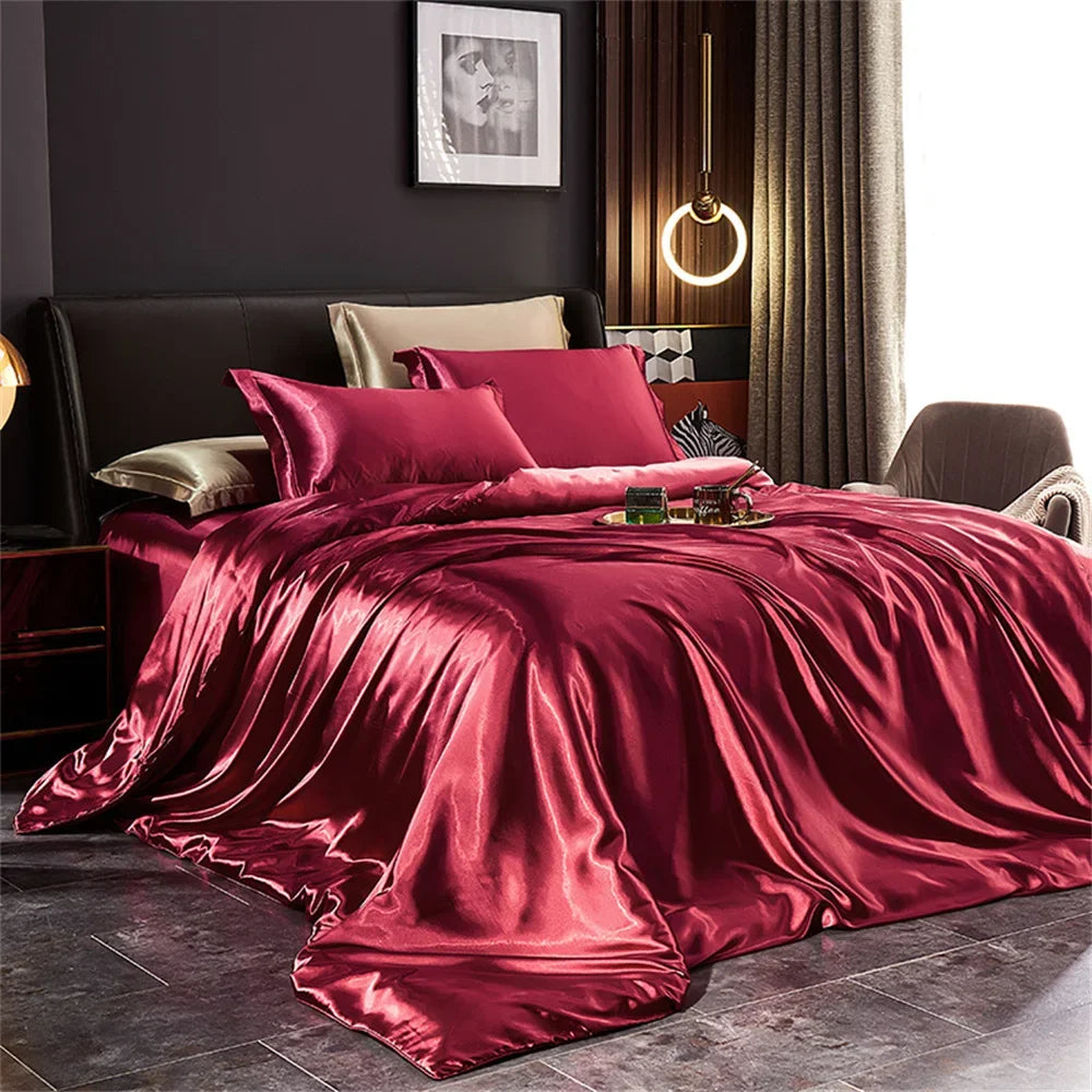 Luxury Silk Bedding Set with Duvet Cover Bed Sheet Pillowcases Satin