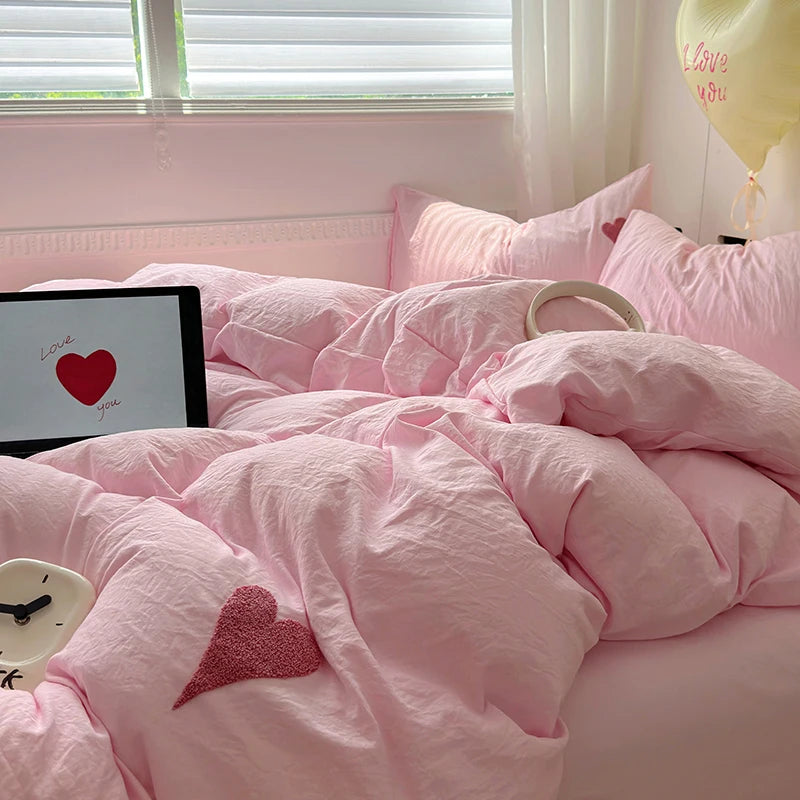 Heart Pattern Solid Color Bedding Set Soft Bed Flat Sheet Duvet Cover Set Pillowcases Simple Bed Linen