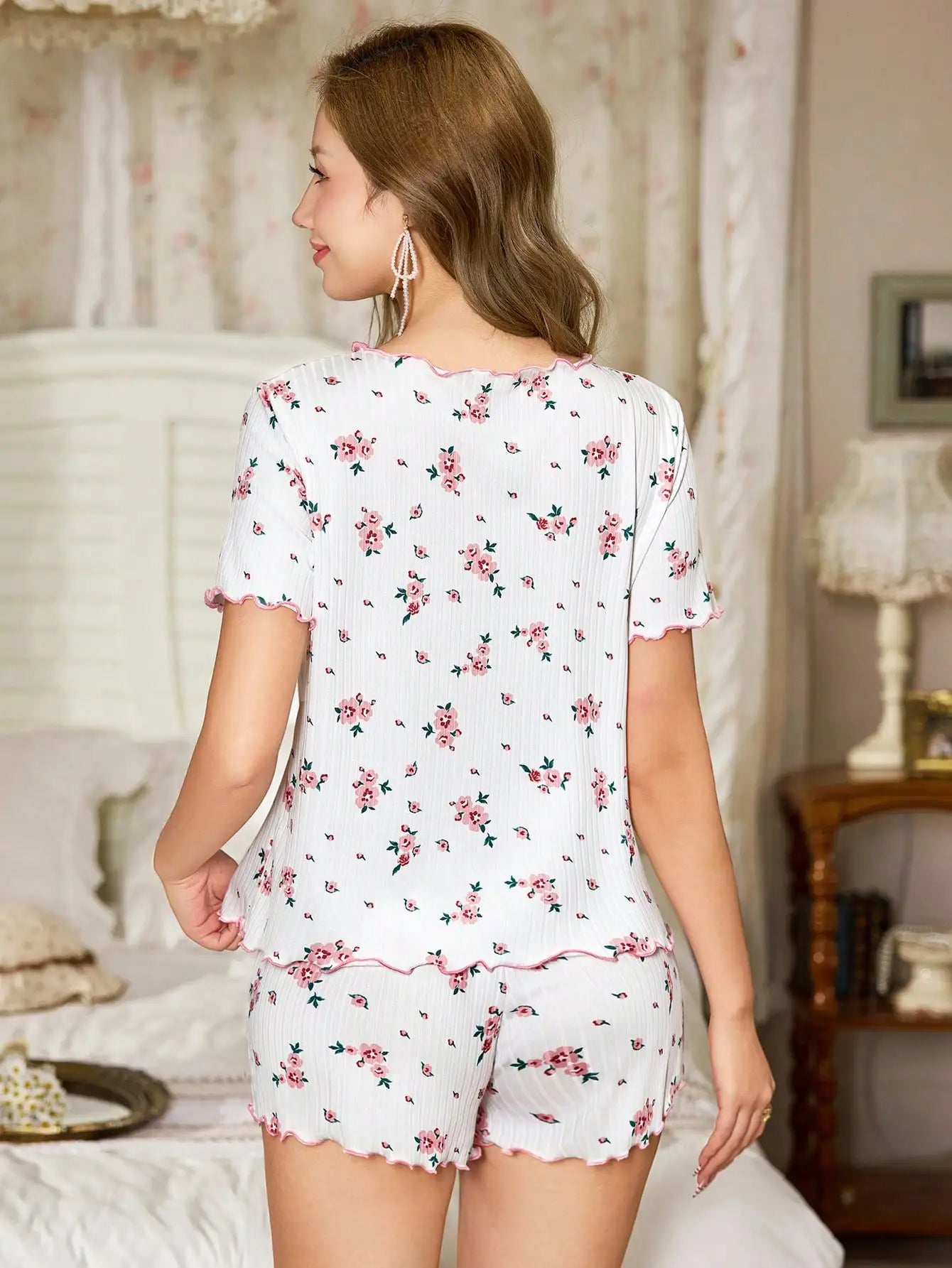 Floral Rib Knit Loose Short Sleeve Top & Shorts Pajama Set