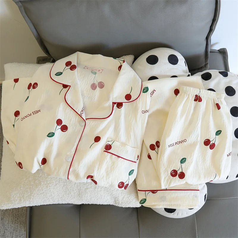 Cherries Print Two Pieces Cotton Pants and Top Set