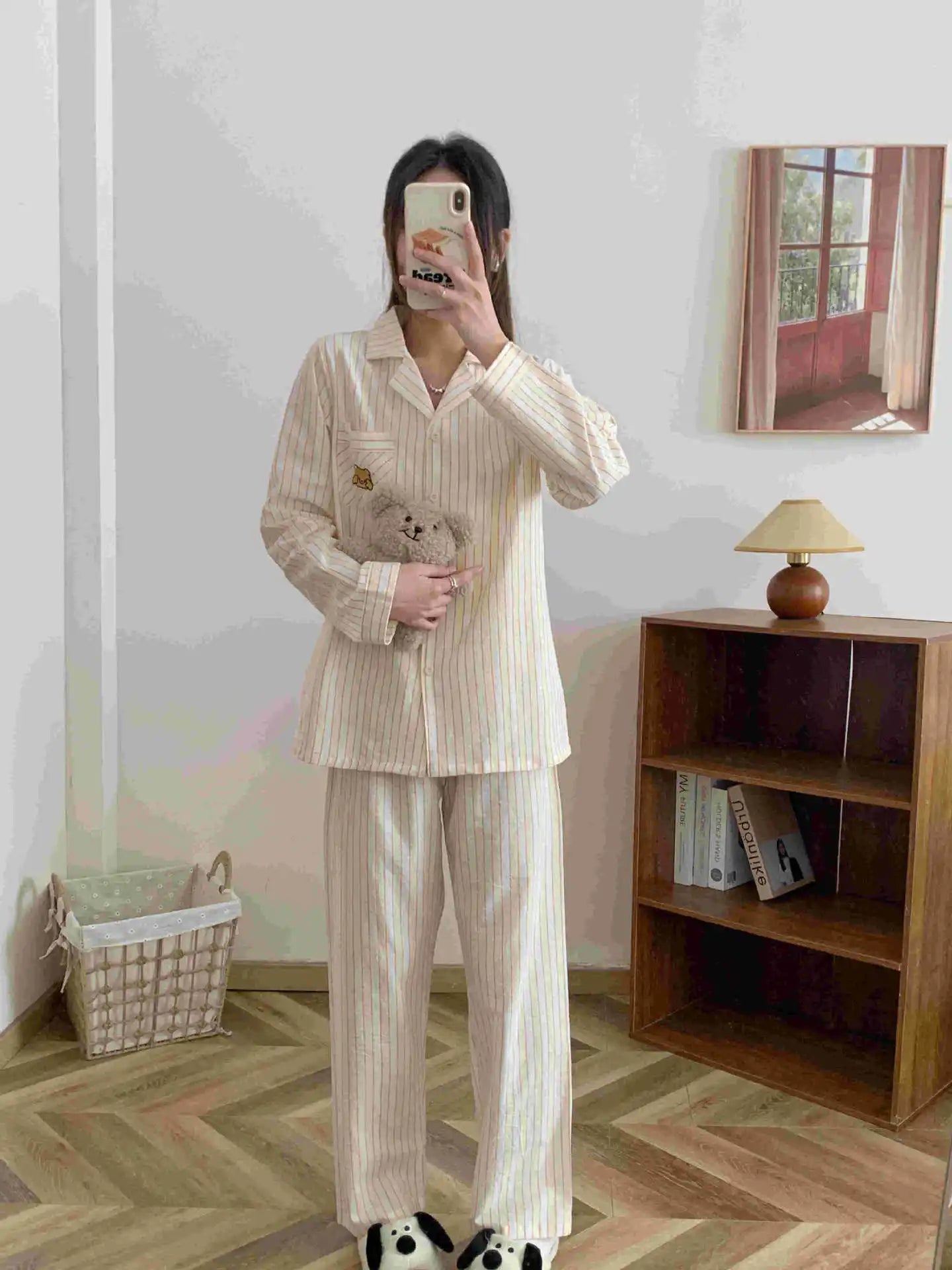 Japanese Style Women's Striped Pajama Set 100% Cotton Long Sleeve Long Pants Two Piece Set