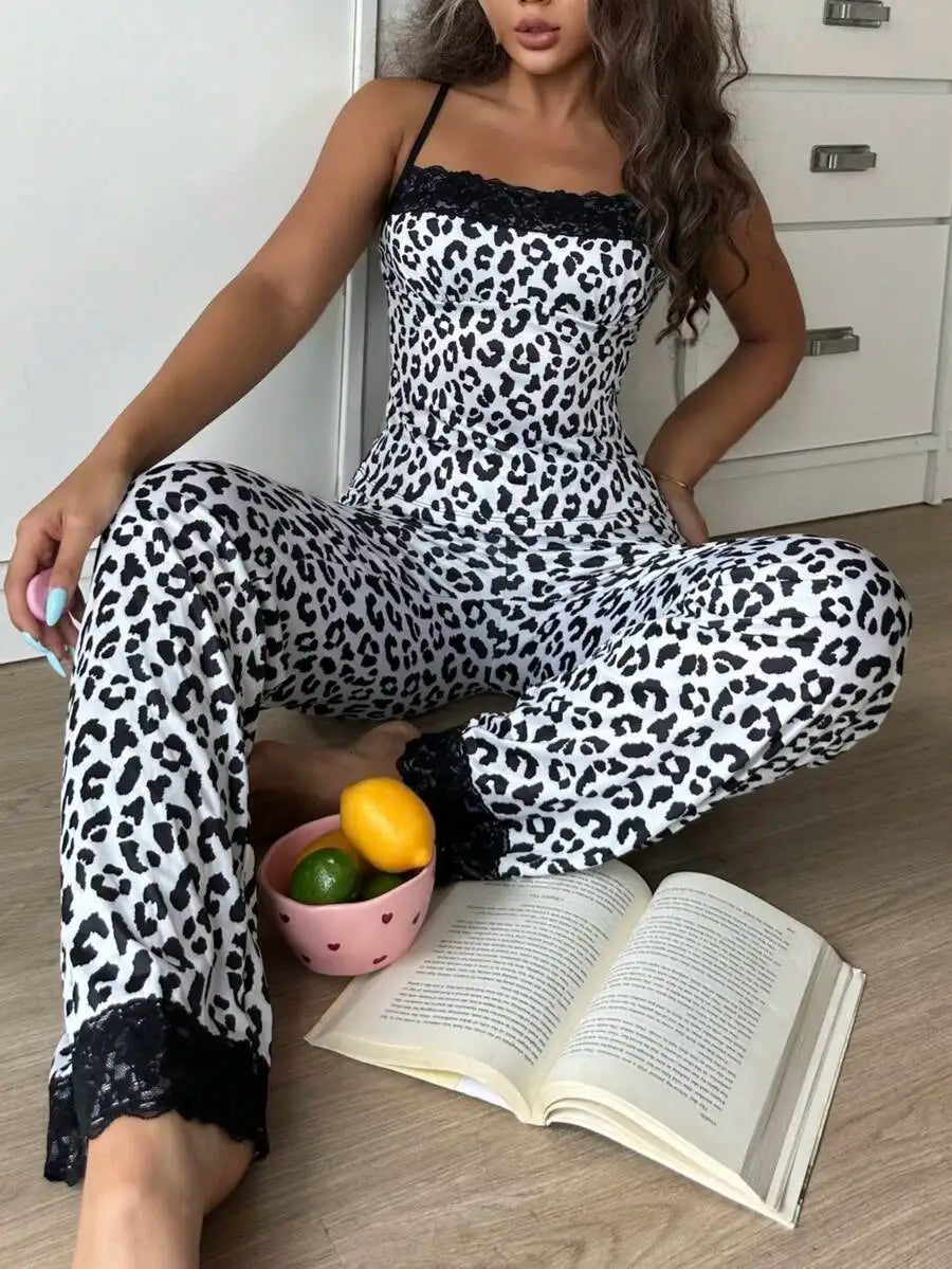 Leopard Print Lace Trim Pajama Set for Women - Silk-Like Satin Sleepwear