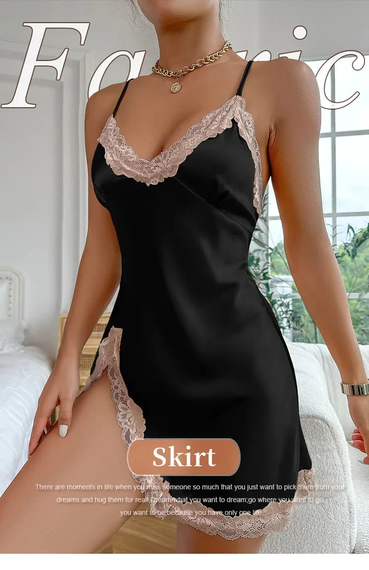 Lace Trim V Neck Backless Side Split Slip Sleep Dress