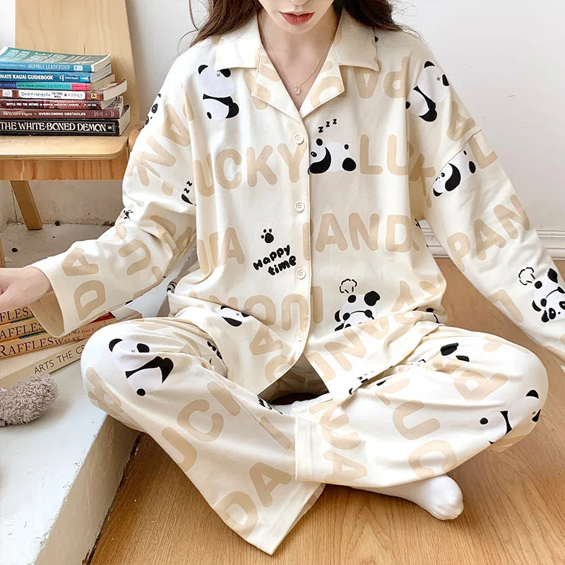 Women's Cardigan Long-sleeved Long Pants Cotton Comfortable Pajamas