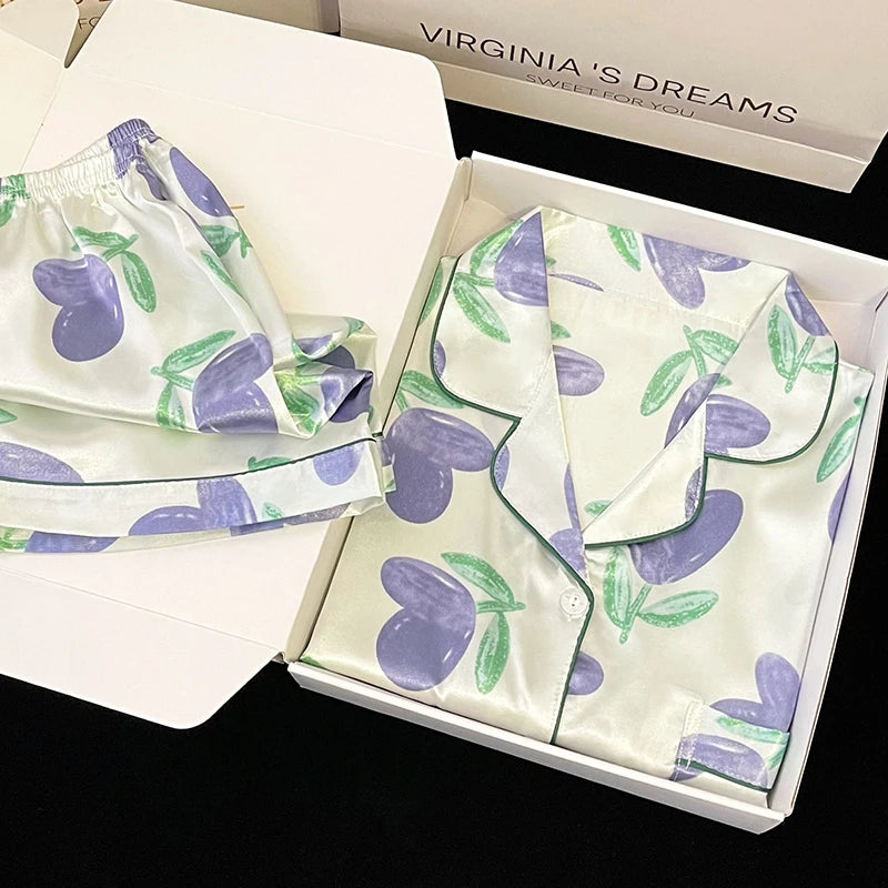 Sweet Peony Floral Prints Silk Female Casual Sleepwear