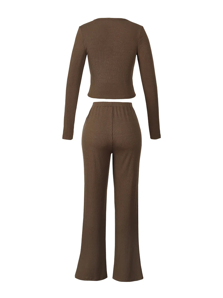 Women's Coffee Two-Piece Pajamas Set Long Sleeve Pullover Comfortable Shirt Drawstring Waist Cinching Pants Loungewear