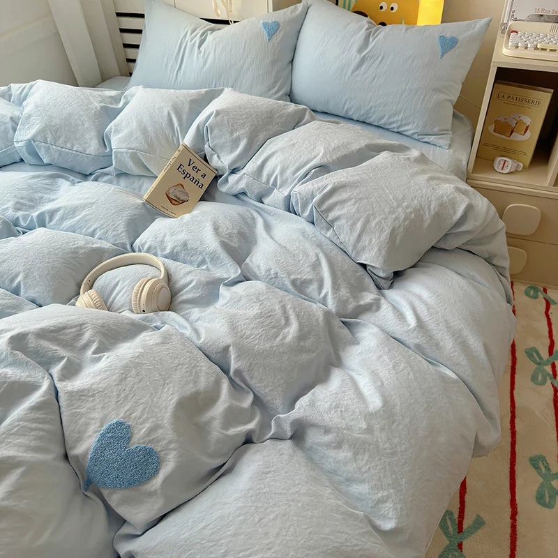 Heart Pattern Solid Color Bedding Set Soft Bed Flat Sheet Duvet Cover Set Pillowcases Simple Bed Linen