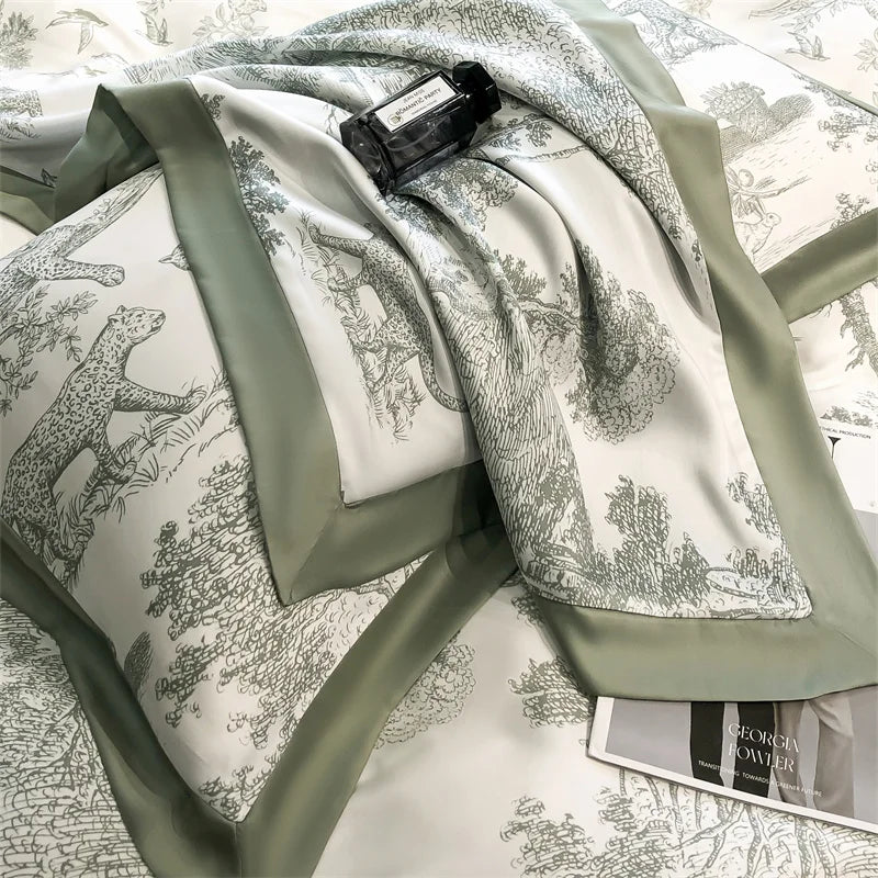 Soft Silky Skin-friendly Natural Eucalyptus Fiber Lyocell Bedding Set Forest Plants Leopard Duvet Cover Set Bed Sheet Pillowcases