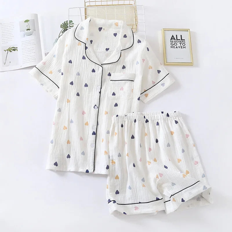 Ladies Cotton Short Sleeve Cute Heart-shaped Pajamas