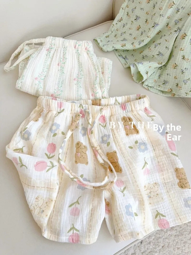 Thin Pure Cotton Bubble Cotton Gauze Sweet Loose High Waist Full Cotton Shorts