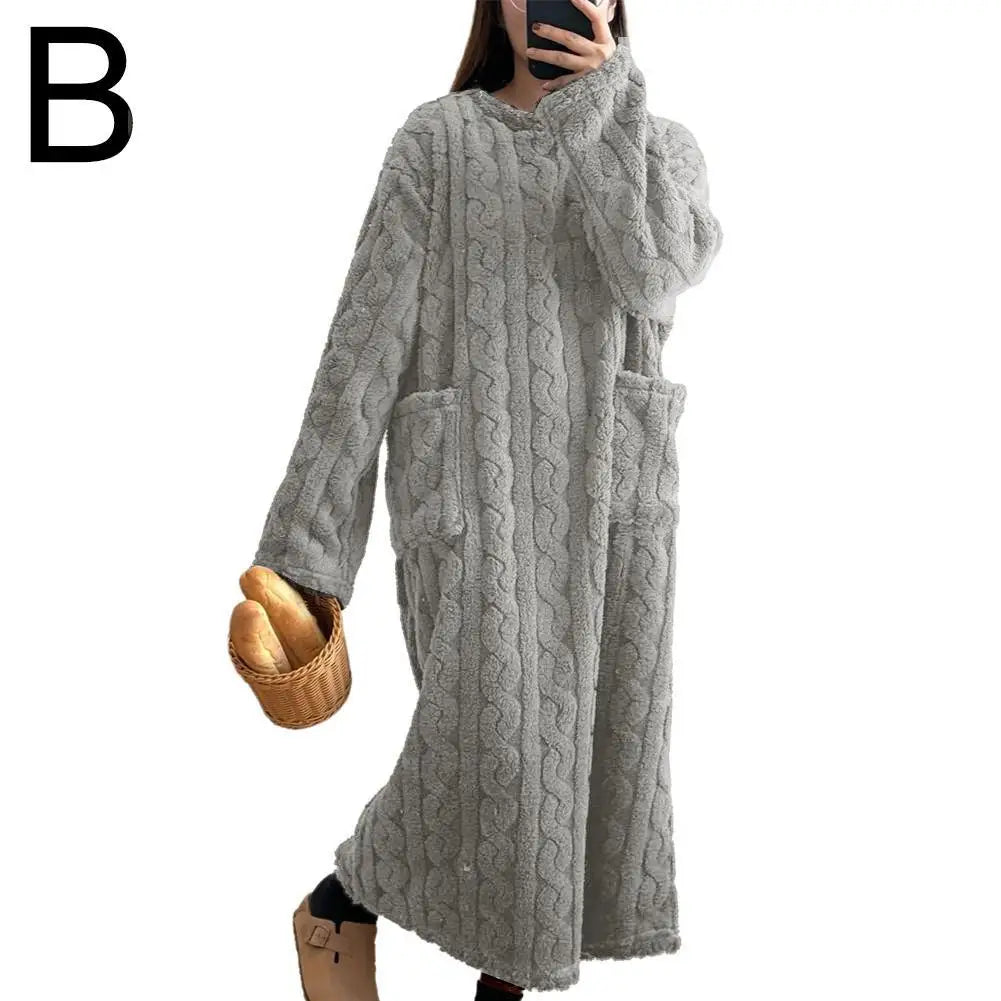 Velvet Women's Long Sleeve Double Pocket Flannel Loose Solid Sleepwear