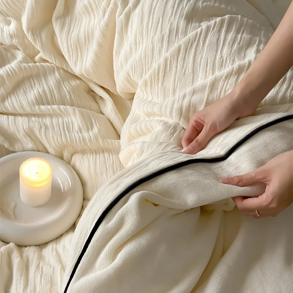Thickened Warm Light Luxury Simple Carved Fleece Four-Piece Set Milk Fleece Bed Sheet Quilt Cover