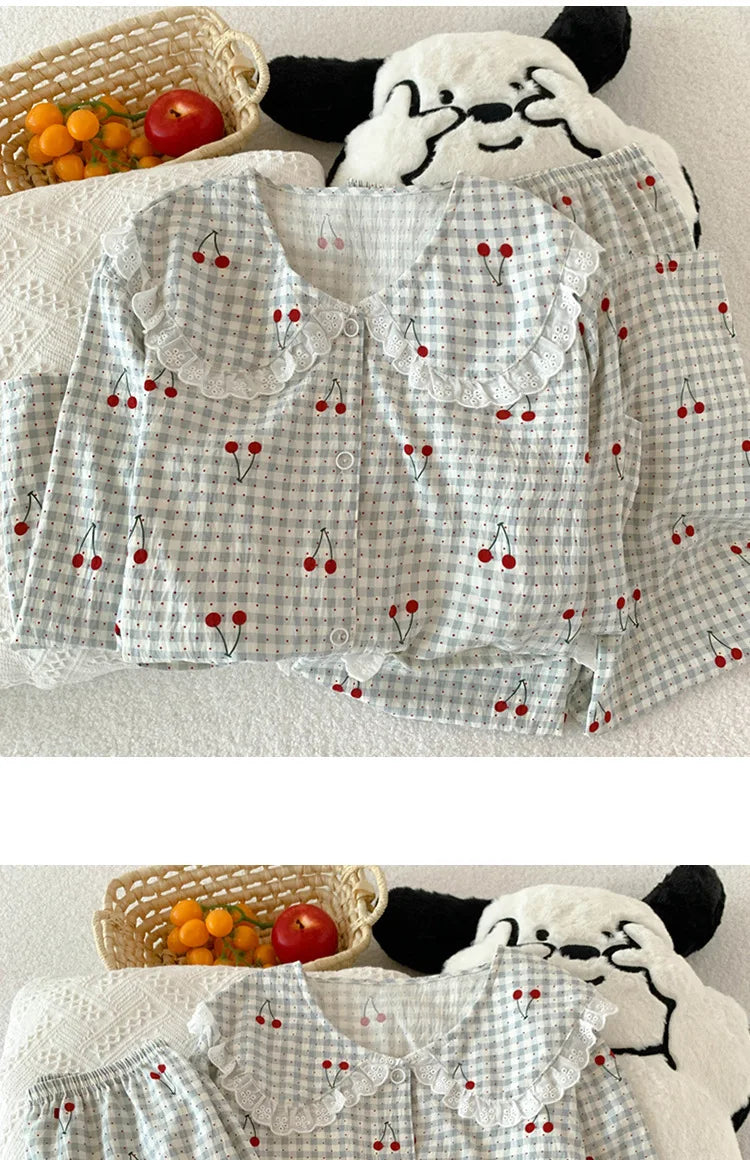 Spring Cloud-Print Cotton-Trimmed Collar Checked Sets