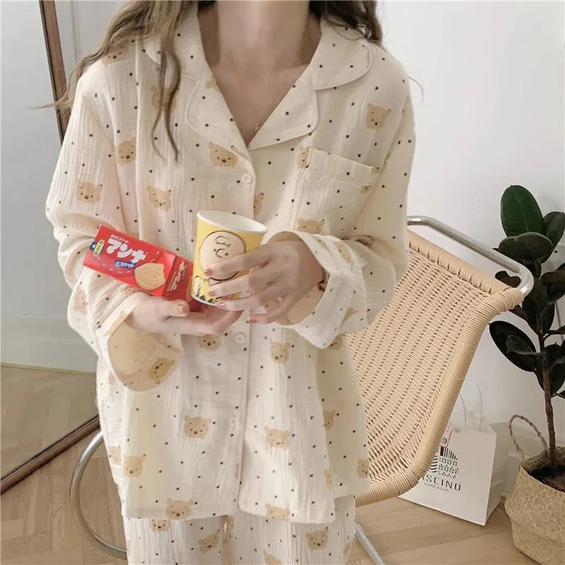 Long-Sleeved Rustic Style Floral Imitation Cotton Wrinkled Cloth Loose Pajamas
