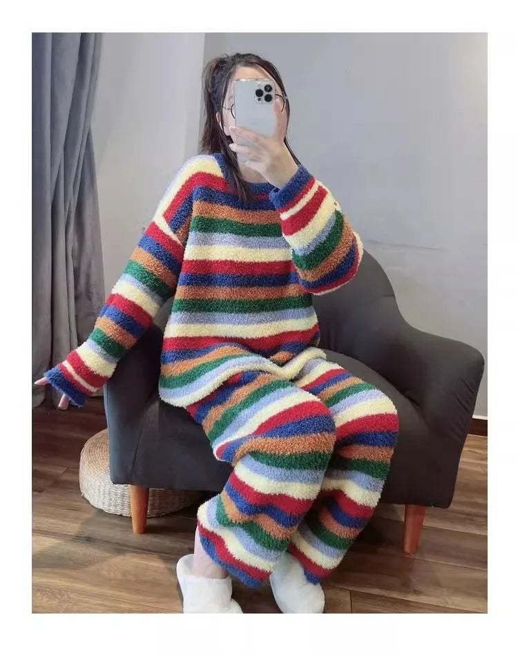 Cute Rainbow Pattern Simple Half-Fleece Warm Pajamas