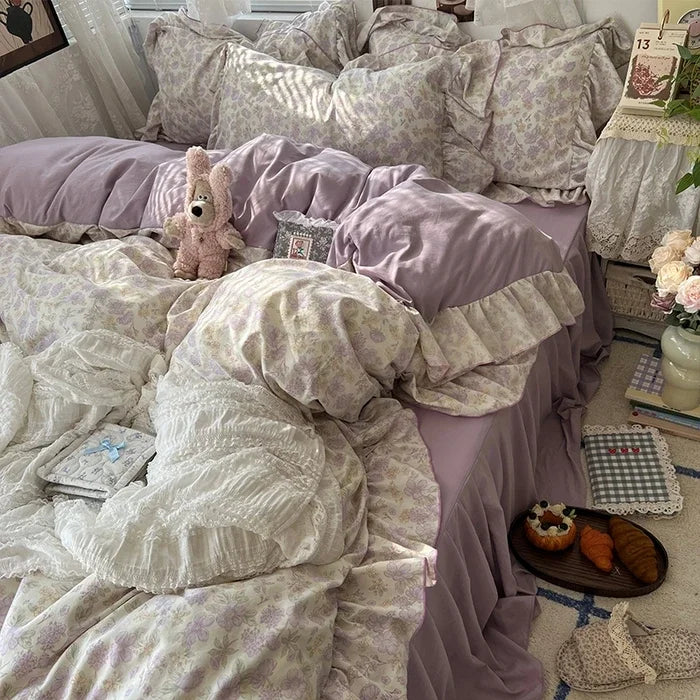 Princess Style Floral Ruffles Bedding Set Skin-friendly Soft Duvet Cover Set Bed Sheet Or Bed Skirt Pillowcases