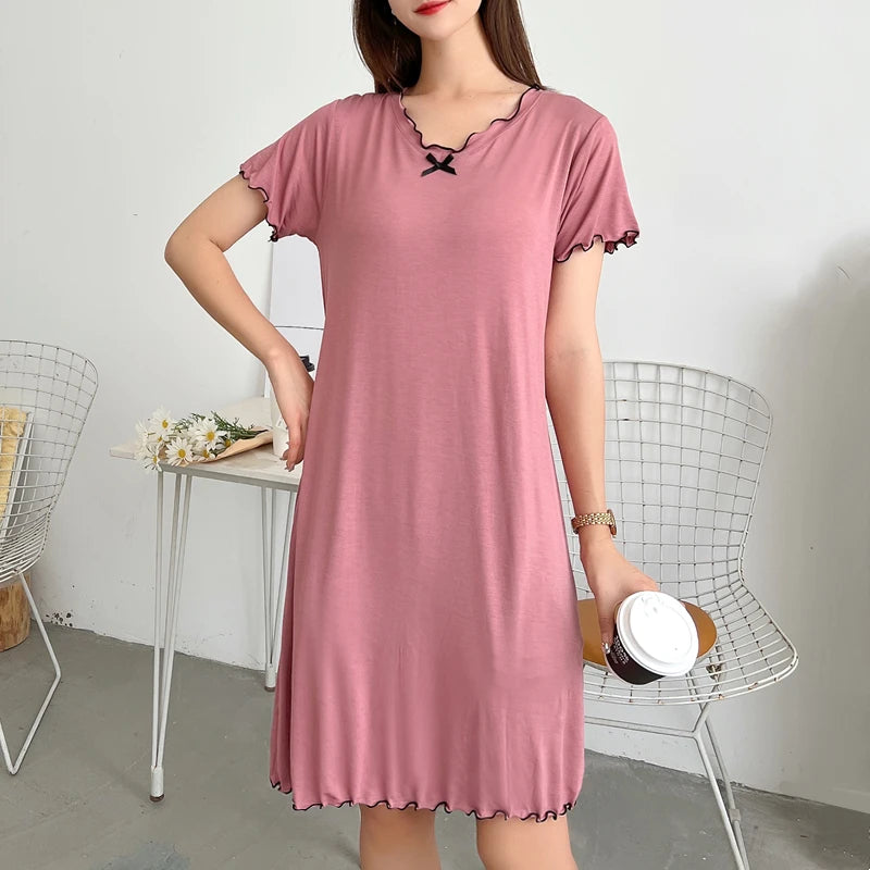 Loose Modal Short Sleeve Home Skirt A-Line Skirt Comfortable V-Neck Dress