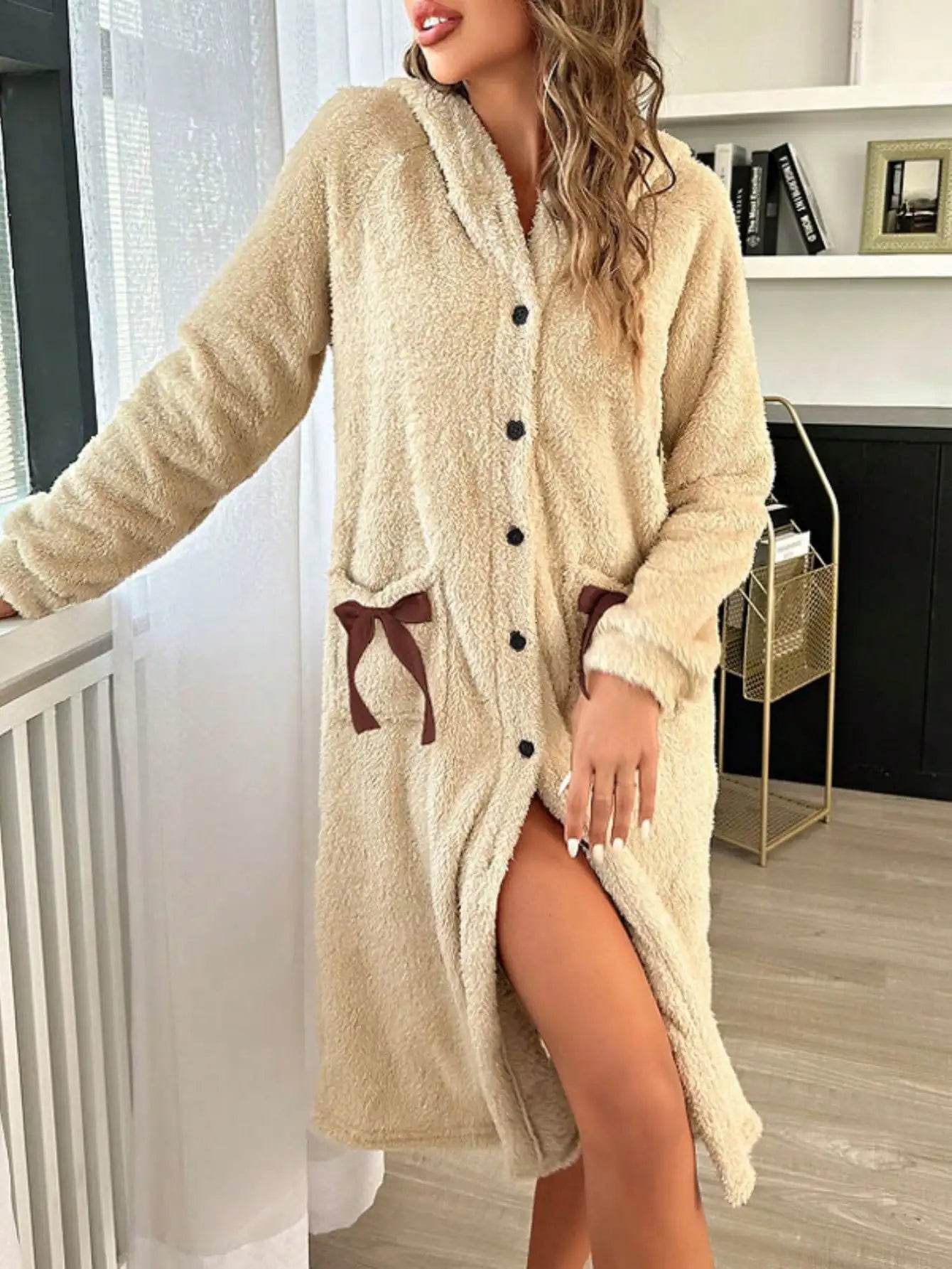 Warm Coral Fleece Bow Design Robe