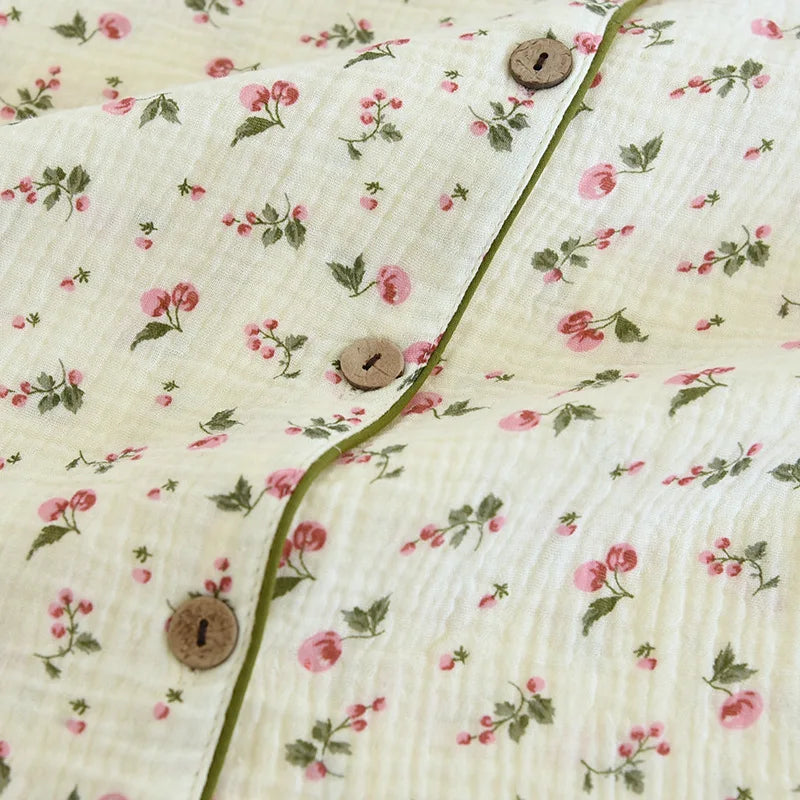Ladies 100% Cotton Crepe Long sleeved Pants Two-piece Cute and Sweet Set