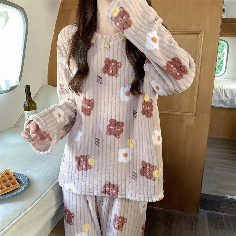 Fleece Print Warm Set Cozy Sleepwear Cute Cartoon Home Outfit Comfortable Loungewear Soft Pajamas